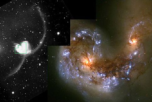image of two Galaxies colliding,  NGC4038 and NGC4039; the Antennae Galaxies